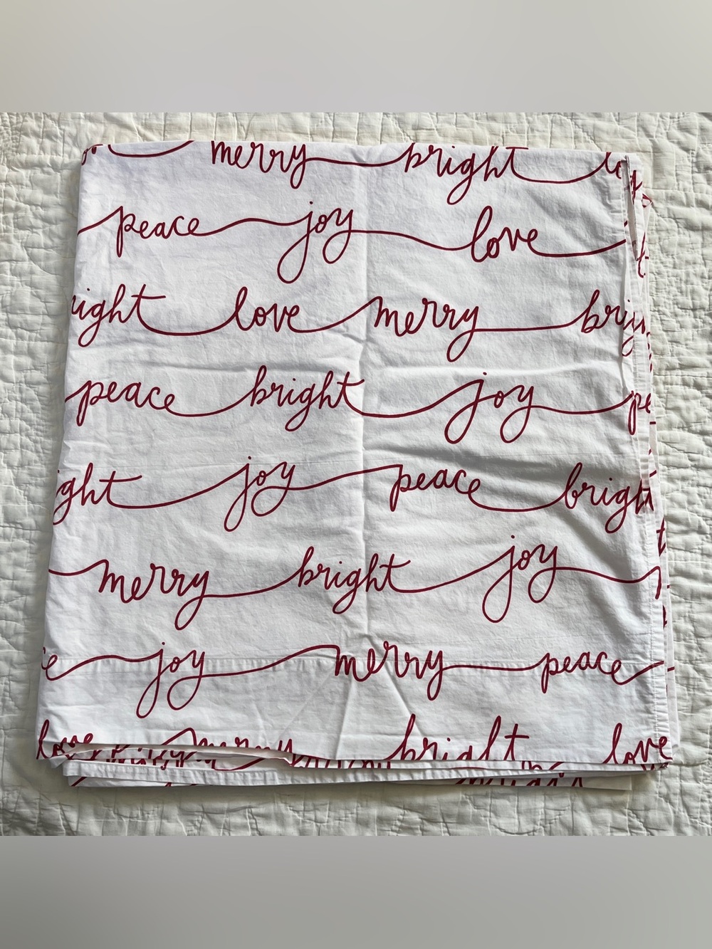 Pottery Barn Sentiment Script Queen FLAT Sheet 100% Cotton Christmas White Red